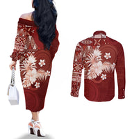 Tonga Ngatu Motifs Couples Matching Off The Shoulder Long Sleeve Dress and Long Sleeve Button Shirt With Coat Of Arms Red