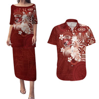 Tonga Ngatu Motifs Couples Matching Puletasi and Hawaiian Shirt With Coat Of Arms Red