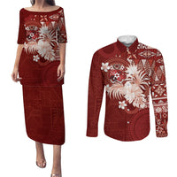 Tonga Ngatu Motifs Couples Matching Puletasi and Long Sleeve Button Shirt With Coat Of Arms Red