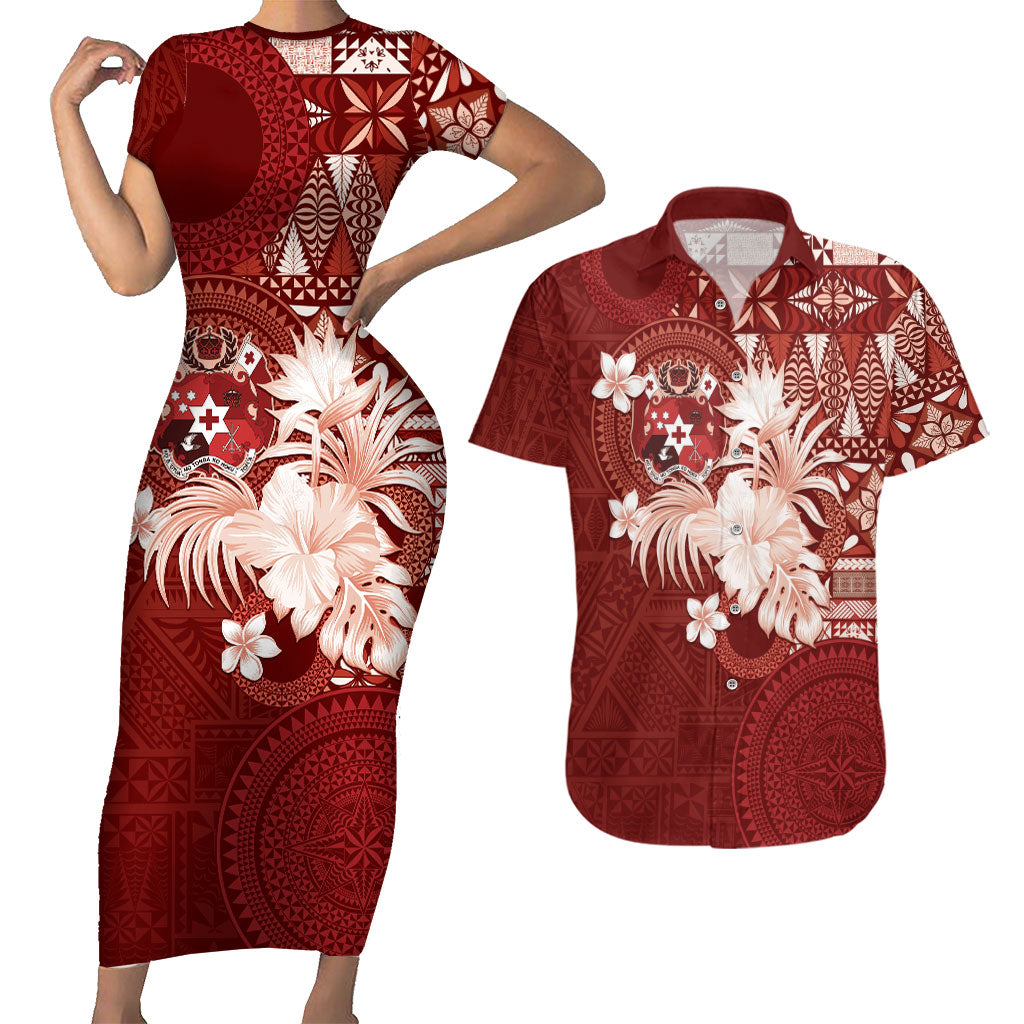 Tonga Ngatu Motifs Couples Matching Short Sleeve Bodycon Dress and Hawaiian Shirt With Coat Of Arms Red