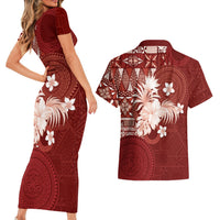 Tonga Ngatu Motifs Couples Matching Short Sleeve Bodycon Dress and Hawaiian Shirt With Coat Of Arms Red