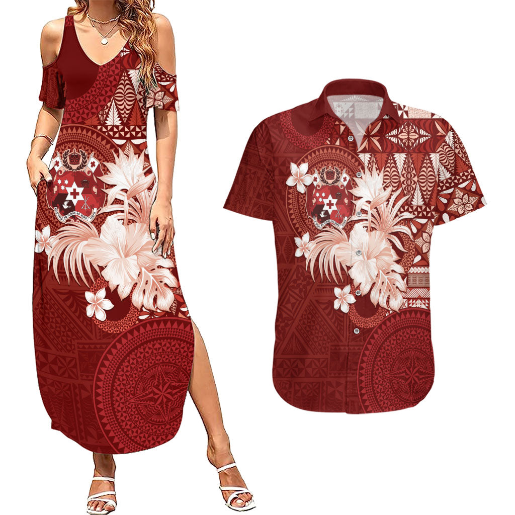 Tonga Ngatu Motifs Couples Matching Summer Maxi Dress and Hawaiian Shirt With Coat Of Arms Red