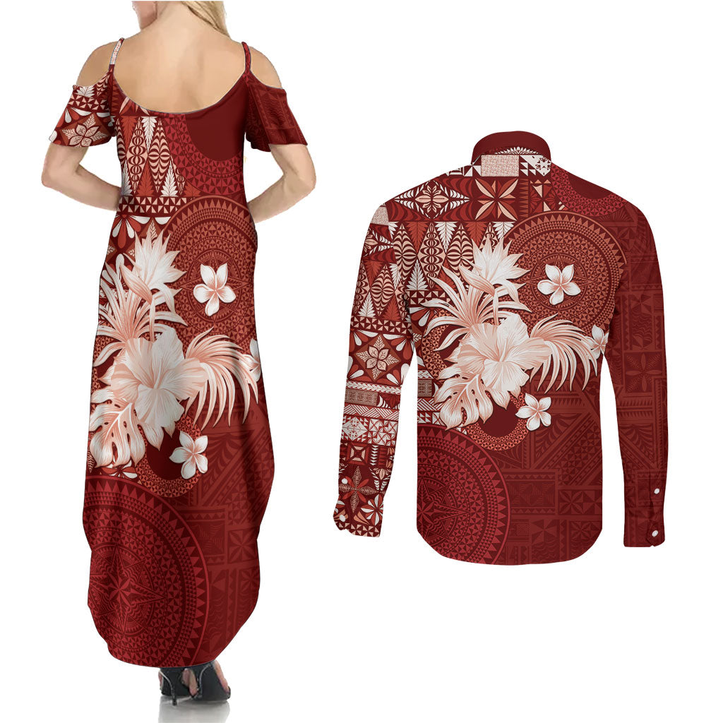 Tonga Ngatu Motifs Couples Matching Summer Maxi Dress and Long Sleeve Button Shirt With Coat Of Arms Red
