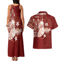 Tonga Ngatu Motifs Couples Matching Tank Maxi Dress and Hawaiian Shirt With Coat Of Arms Red