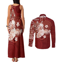 Tonga Ngatu Motifs Couples Matching Tank Maxi Dress and Long Sleeve Button Shirt With Coat Of Arms Red