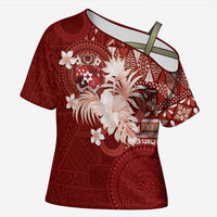 Tonga Ngatu Motifs Cross Shoulder Shirt With Coat Of Arms Red