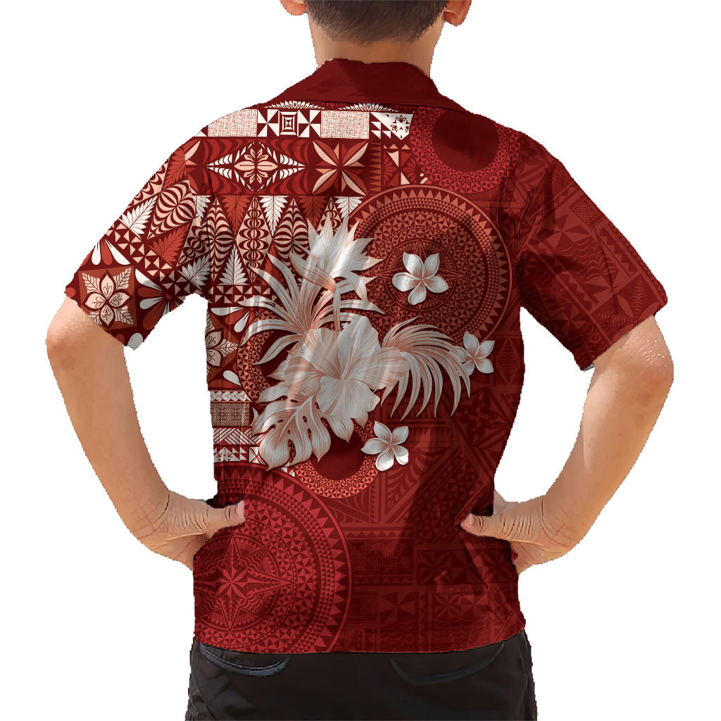 Tonga Ngatu Motifs Family Matching Long Sleeve Bodycon Dress and Hawaiian Shirt With Coat Of Arms Red LT05 - Polynesian Pride