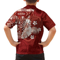 Tonga Ngatu Motifs Family Matching Long Sleeve Bodycon Dress and Hawaiian Shirt With Coat Of Arms Red LT05 - Polynesian Pride