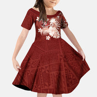 Tonga Ngatu Motifs Family Matching Long Sleeve Bodycon Dress and Hawaiian Shirt With Coat Of Arms Red LT05 Daughter's Dress Red - Polynesian Pride