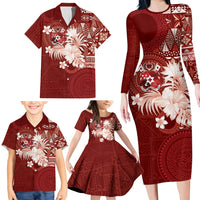Tonga Ngatu Motifs Family Matching Long Sleeve Bodycon Dress and Hawaiian Shirt With Coat Of Arms Red LT05 - Polynesian Pride