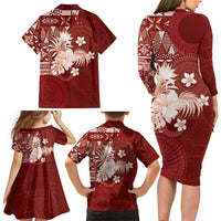 Tonga Ngatu Motifs Family Matching Long Sleeve Bodycon Dress and Hawaiian Shirt With Coat Of Arms Red LT05 - Polynesian Pride