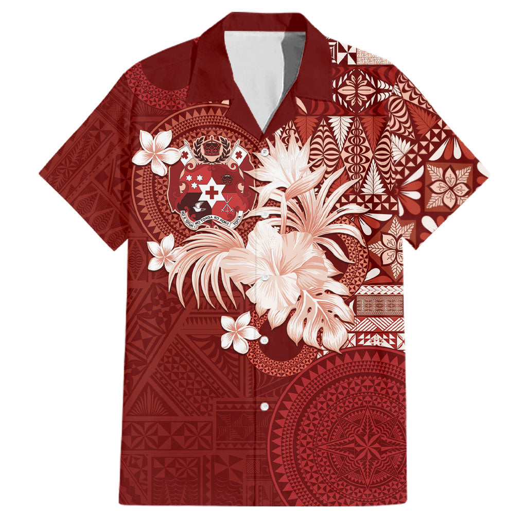 Tonga Ngatu Motifs Family Matching Long Sleeve Bodycon Dress and Hawaiian Shirt With Coat Of Arms Red LT05 Dad's Shirt - Short Sleeve Red - Polynesian Pride