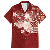 Tonga Ngatu Motifs Family Matching Long Sleeve Bodycon Dress and Hawaiian Shirt With Coat Of Arms Red LT05 Dad's Shirt - Short Sleeve Red - Polynesian Pride
