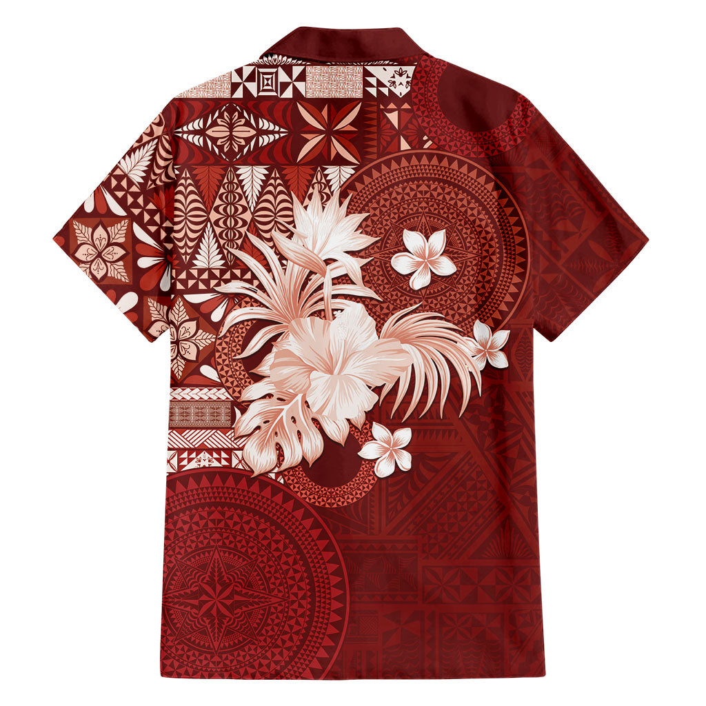 Tonga Ngatu Motifs Family Matching Long Sleeve Bodycon Dress and Hawaiian Shirt With Coat Of Arms Red LT05 - Polynesian Pride