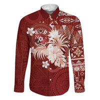 Tonga Ngatu Motifs Family Matching Long Sleeve Bodycon Dress and Hawaiian Shirt With Coat Of Arms Red LT05 Dad's Shirt - Long Sleeve Red - Polynesian Pride