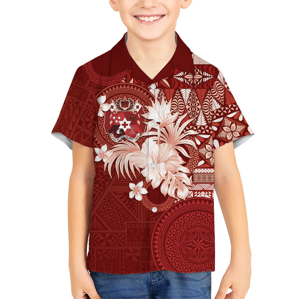 Tonga Ngatu Motifs Family Matching Long Sleeve Bodycon Dress and Hawaiian Shirt With Coat Of Arms Red LT05 Son's Shirt Red - Polynesian Pride