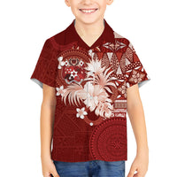 Tonga Ngatu Motifs Family Matching Long Sleeve Bodycon Dress and Hawaiian Shirt With Coat Of Arms Red LT05 Son's Shirt Red - Polynesian Pride