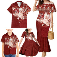 Tonga Ngatu Motifs Family Matching Mermaid Dress and Hawaiian Shirt With Coat Of Arms Red