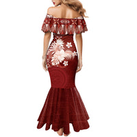 Tonga Ngatu Motifs Family Matching Mermaid Dress and Hawaiian Shirt With Coat Of Arms Red
