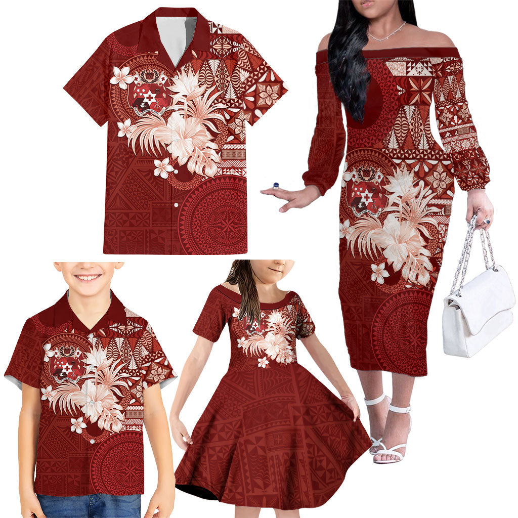 Tonga Ngatu Motifs Family Matching Off The Shoulder Long Sleeve Dress and Hawaiian Shirt With Coat Of Arms Red