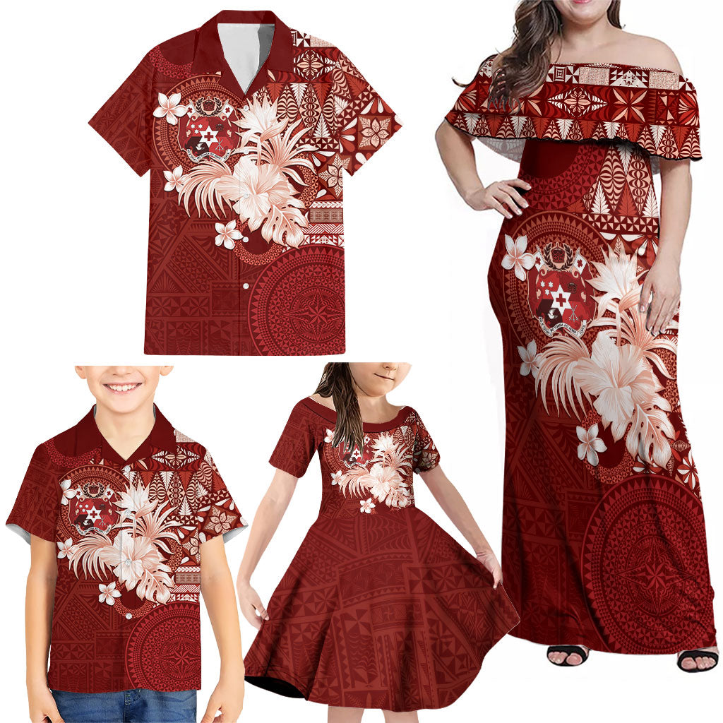 Tonga Ngatu Motifs Family Matching Off Shoulder Maxi Dress and Hawaiian Shirt With Coat Of Arms Red