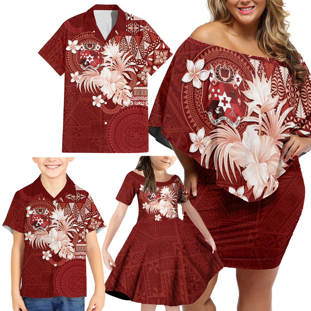 Tonga Ngatu Motifs Family Matching Off Shoulder Short Dress and Hawaiian Shirt With Coat Of Arms Red
