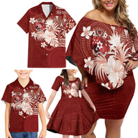 Tonga Ngatu Motifs Family Matching Off Shoulder Short Dress and Hawaiian Shirt With Coat Of Arms Red