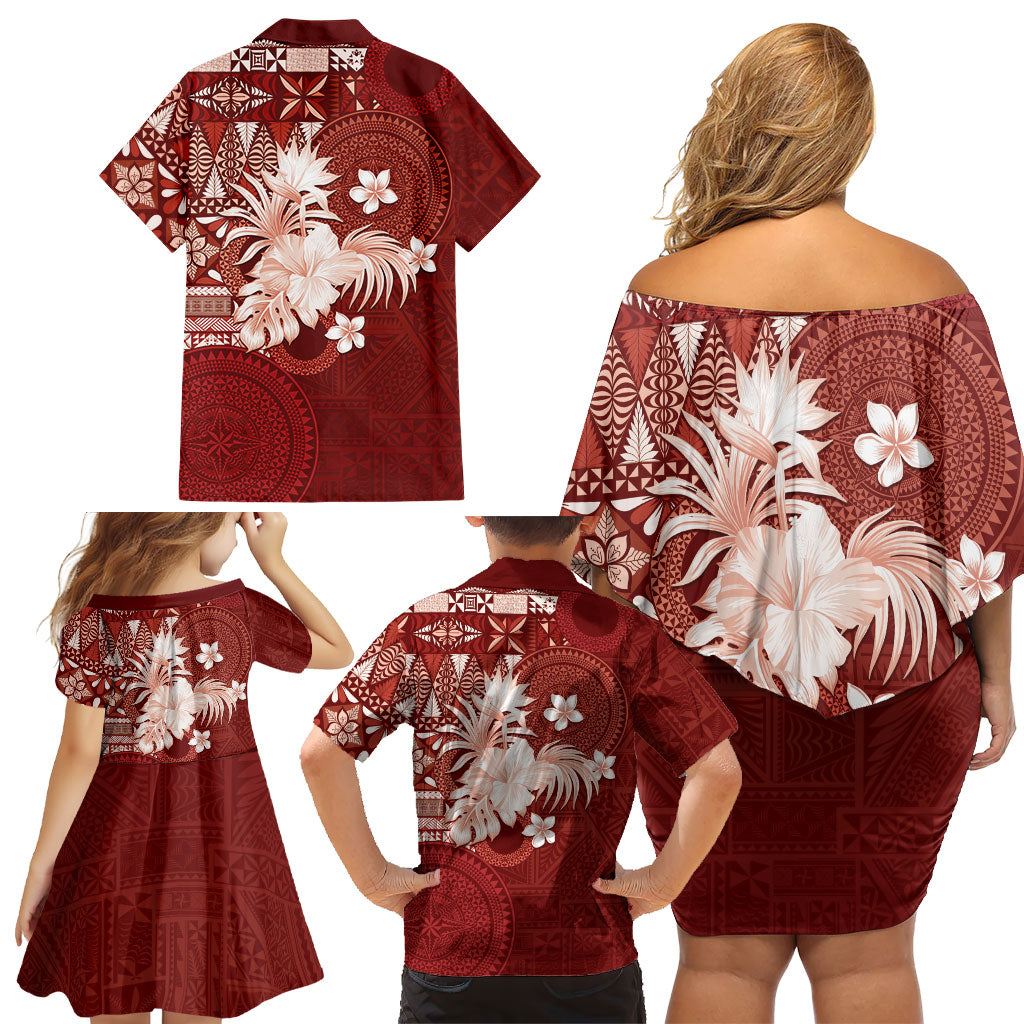 Tonga Ngatu Motifs Family Matching Off Shoulder Short Dress and Hawaiian Shirt With Coat Of Arms Red