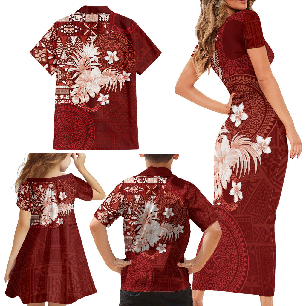 Tonga Ngatu Motifs Family Matching Short Sleeve Bodycon Dress and Hawaiian Shirt With Coat Of Arms Red
