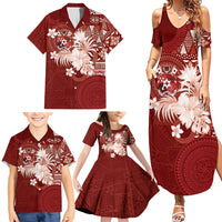 Tonga Ngatu Motifs Family Matching Summer Maxi Dress and Hawaiian Shirt With Coat Of Arms Red
