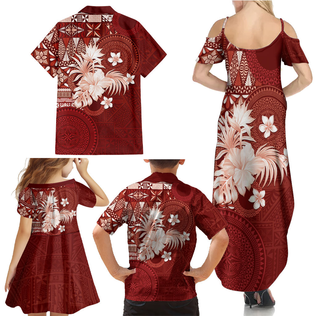 Tonga Ngatu Motifs Family Matching Summer Maxi Dress and Hawaiian Shirt With Coat Of Arms Red