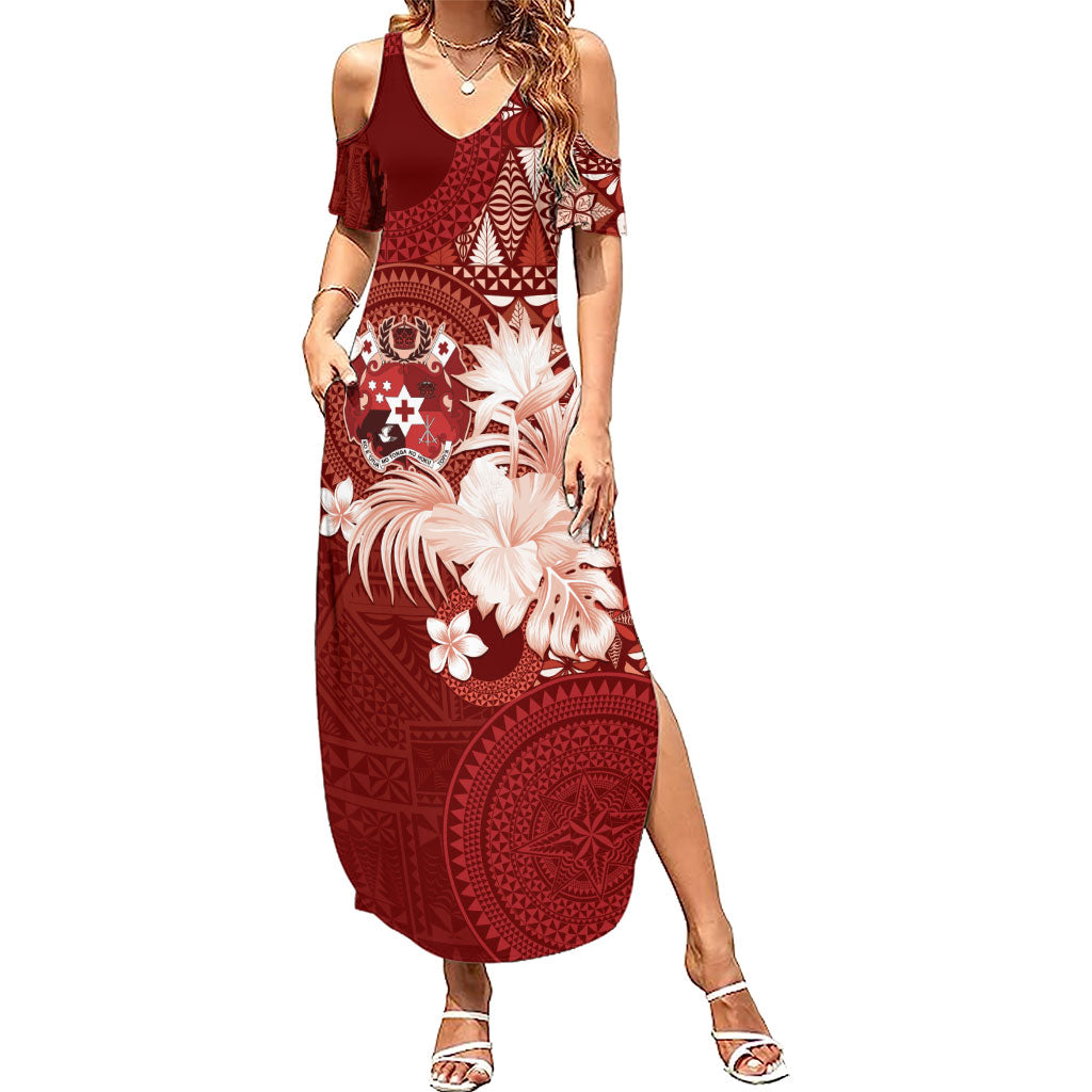 Tonga Ngatu Motifs Family Matching Summer Maxi Dress and Hawaiian Shirt With Coat Of Arms Red