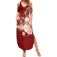 Tonga Ngatu Motifs Family Matching Summer Maxi Dress and Hawaiian Shirt With Coat Of Arms Red