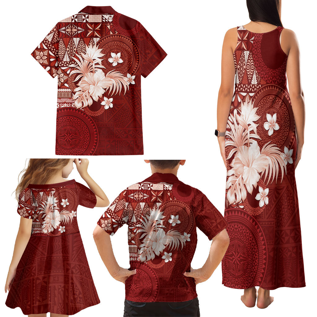 Tonga Ngatu Motifs Family Matching Tank Maxi Dress and Hawaiian Shirt With Coat Of Arms Red