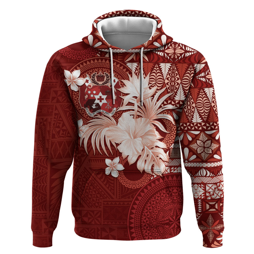 Tonga Ngatu Motifs Hoodie With Coat Of Arms Red LT05 Pullover Hoodie Red - Polynesian Pride