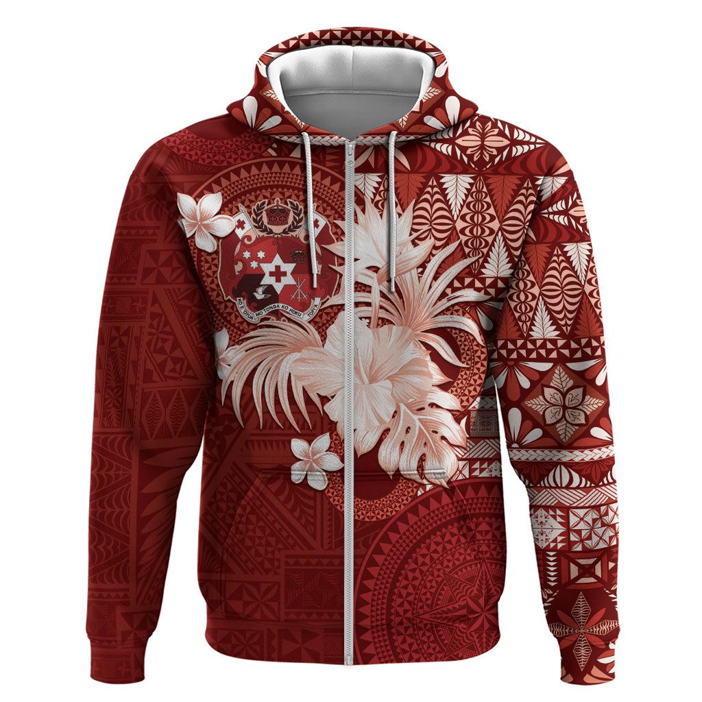 Tonga Ngatu Motifs Hoodie With Coat Of Arms Red LT05 Zip Hoodie Red - Polynesian Pride