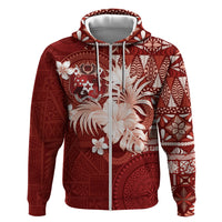 Tonga Ngatu Motifs Hoodie With Coat Of Arms Red LT05 Zip Hoodie Red - Polynesian Pride