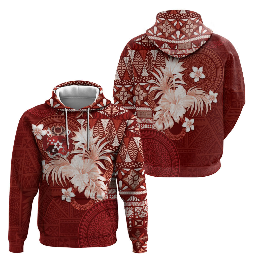 Tonga Ngatu Motifs Hoodie With Coat Of Arms Red LT05 - Polynesian Pride