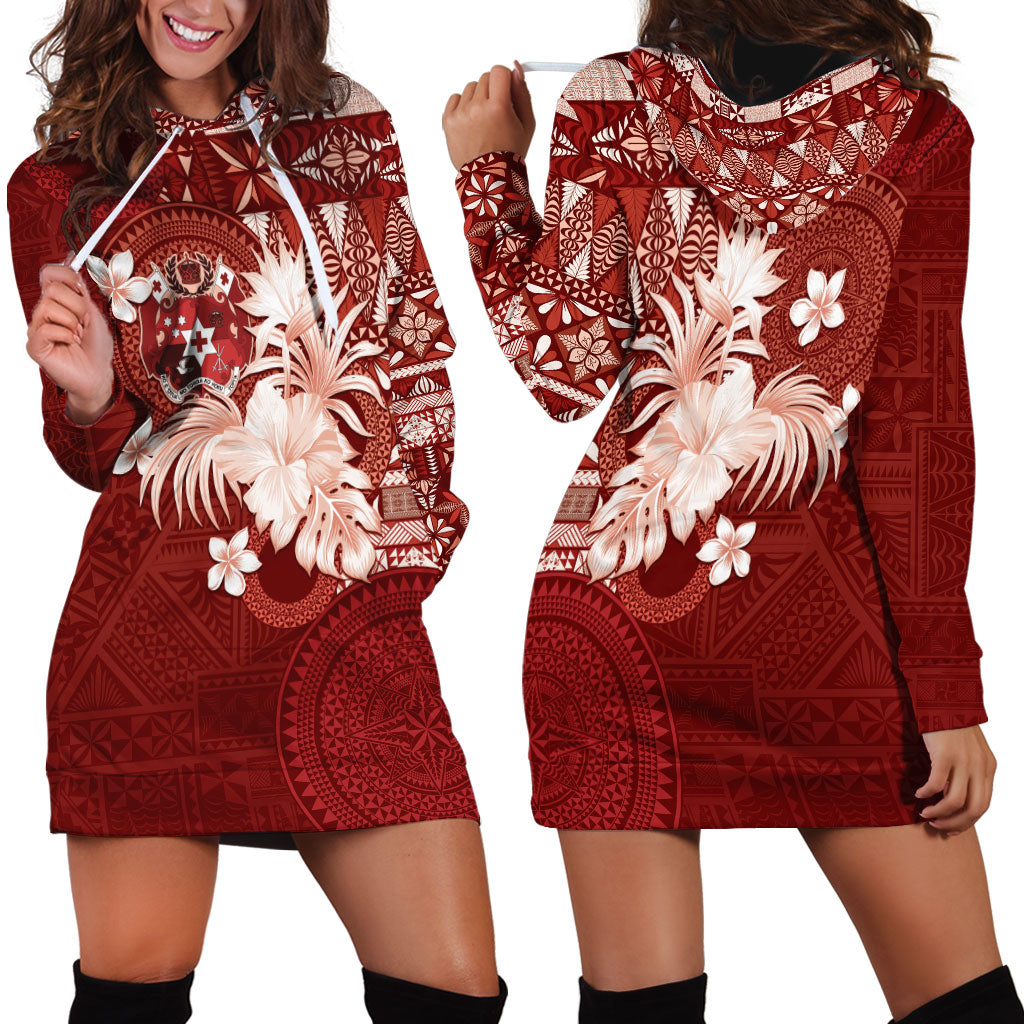 Tonga Ngatu Motifs Hoodie Dress With Coat Of Arms Red LT05 - Polynesian Pride