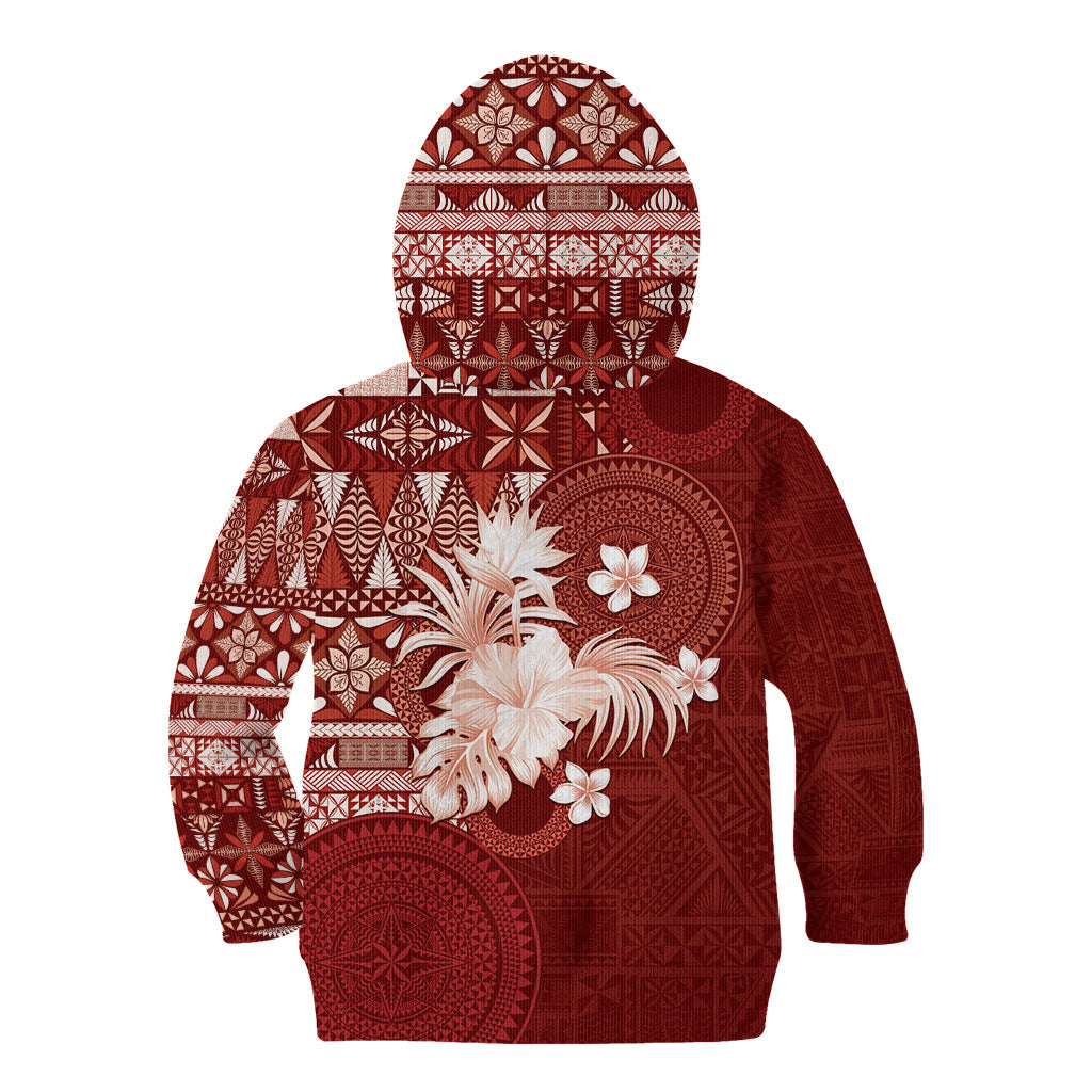Tonga Ngatu Motifs Kid Hoodie With Coat Of Arms Red