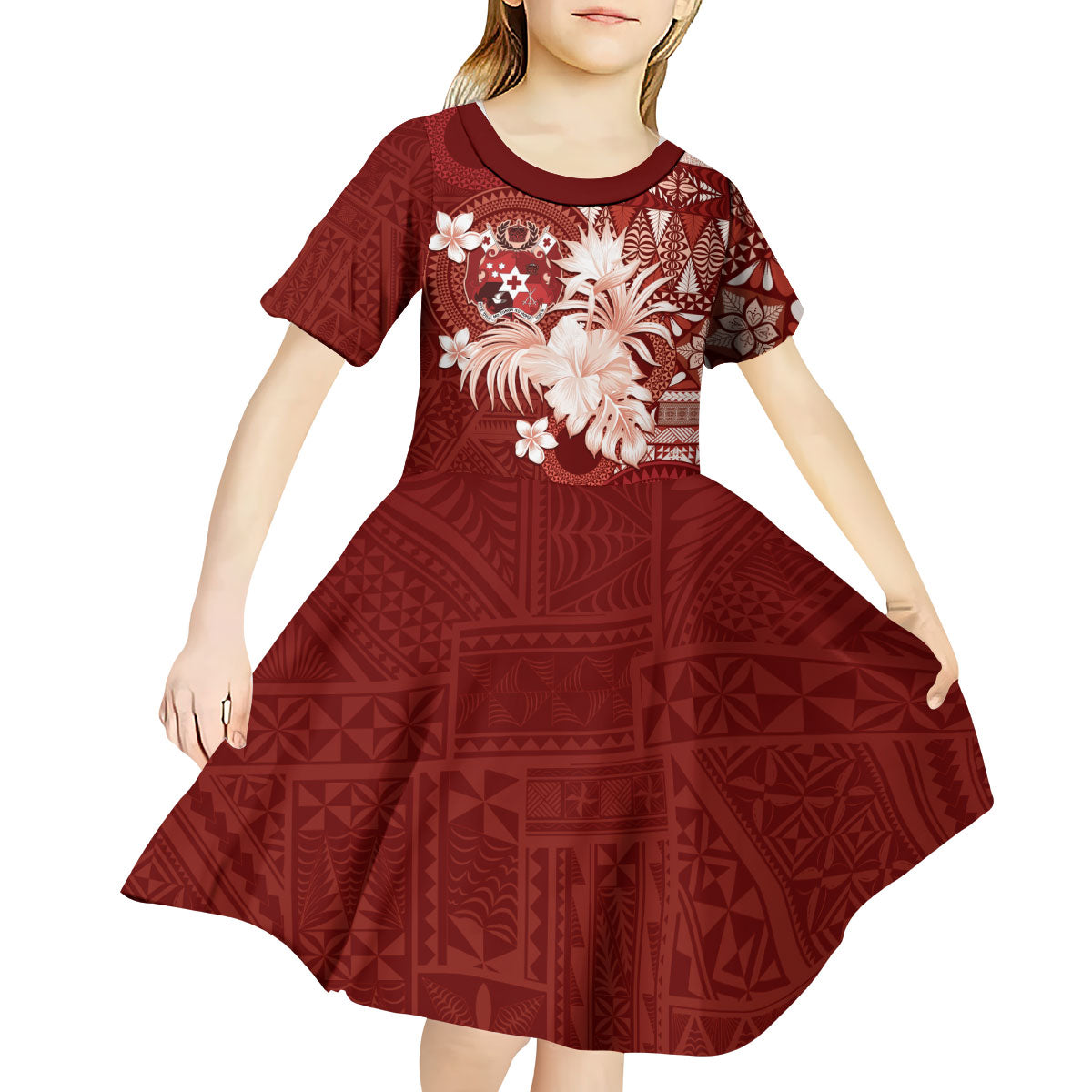 Tonga Ngatu Motifs Kid Short Sleeve Dress With Coat Of Arms Red