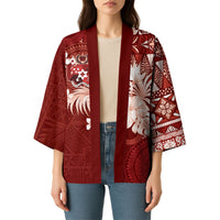 Tonga Ngatu Motifs Kimono With Coat Of Arms Red