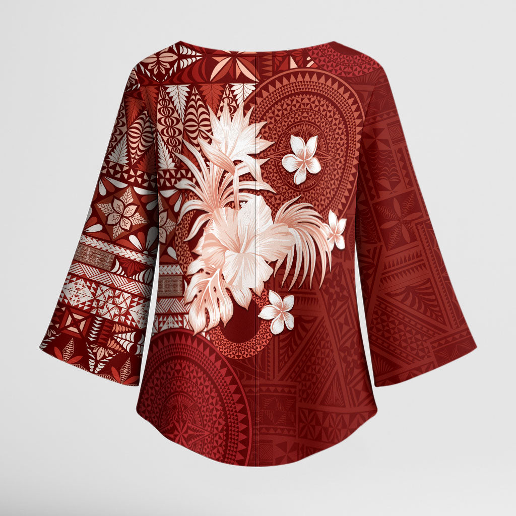 Tonga Ngatu Motifs Kimono Sleeve Blouse With Coat Of Arms Red