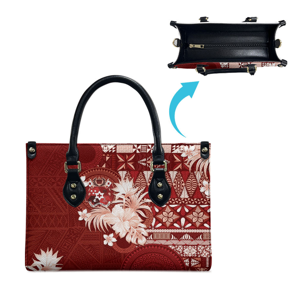Tonga Ngatu Motifs Leather Bag With Coat Of Arms Red