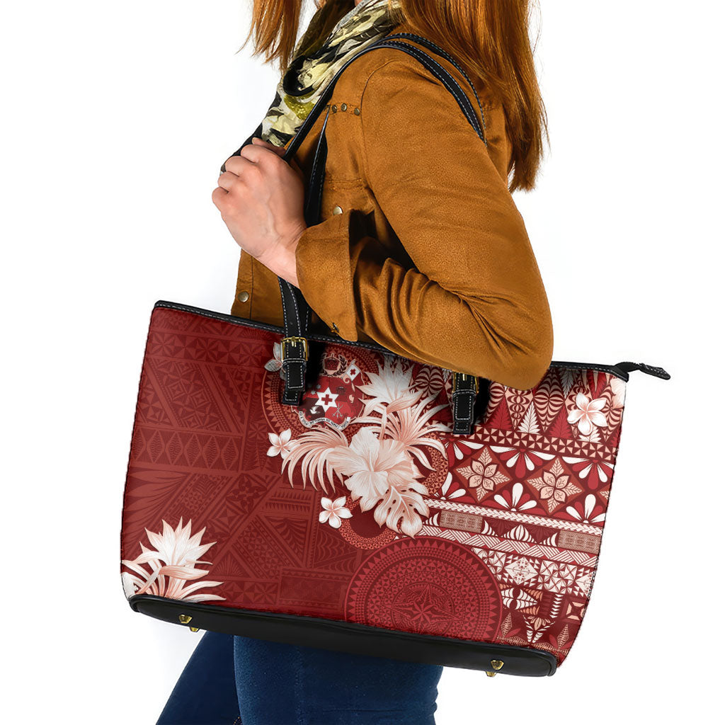 Tonga Ngatu Motifs Leather Tote Bag With Coat Of Arms Red LT05 Red - Polynesian Pride