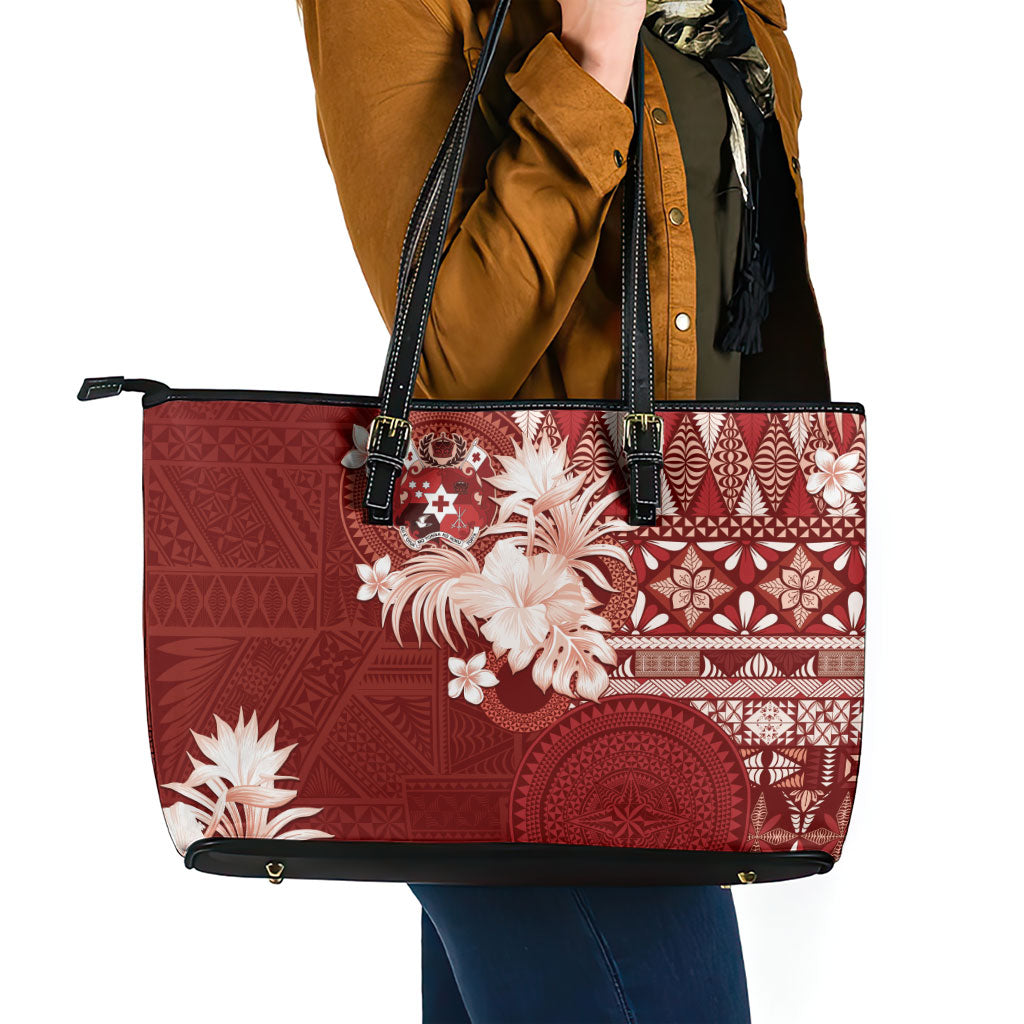 Tonga Ngatu Motifs Leather Tote Bag With Coat Of Arms Red LT05 - Polynesian Pride