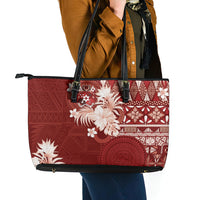 Tonga Ngatu Motifs Leather Tote Bag With Coat Of Arms Red LT05 - Polynesian Pride