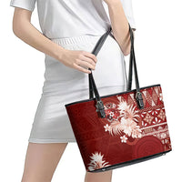 Tonga Ngatu Motifs Leather Tote Bag With Coat Of Arms Red LT05 - Polynesian Pride