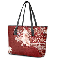 Tonga Ngatu Motifs Leather Tote Bag With Coat Of Arms Red LT05 - Polynesian Pride