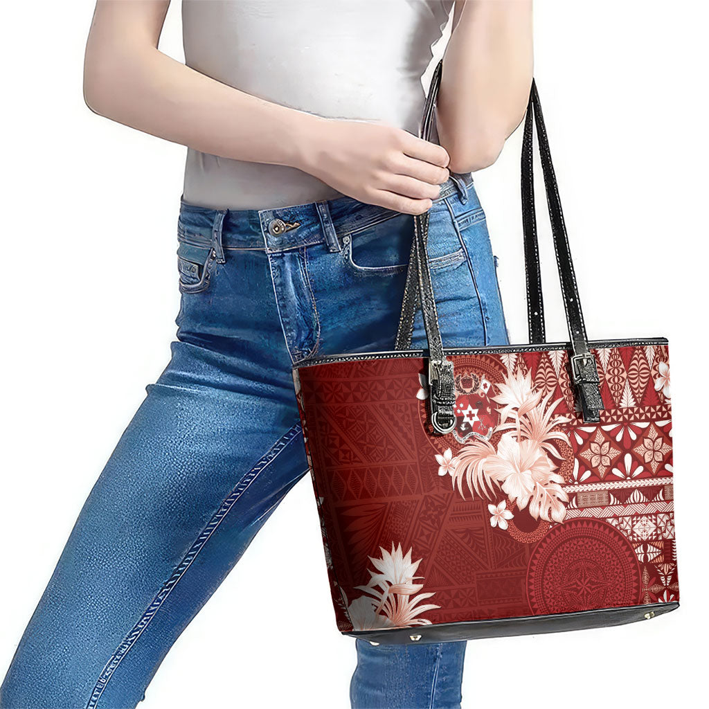 Tonga Ngatu Motifs Leather Tote Bag With Coat Of Arms Red LT05 - Polynesian Pride